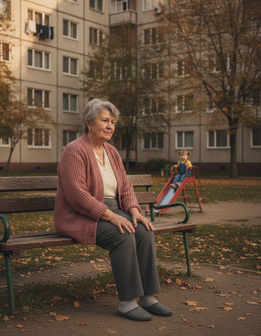 Жена на пейка на детската площадка гледа внучката си